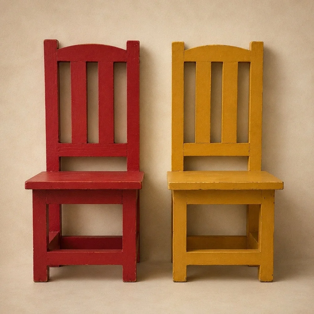 Vintage Red Mustard Wooden Chair Wall Shelves Set Folk Art Nursery Decor 10in